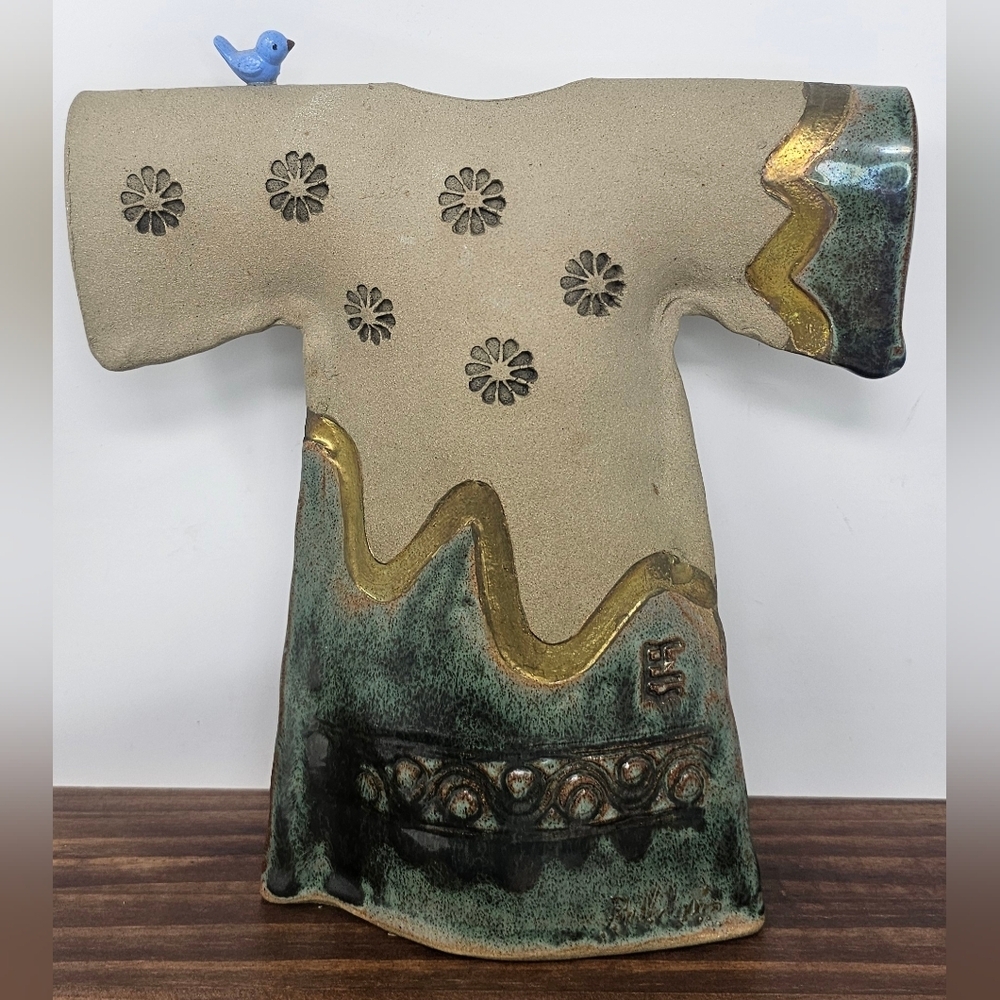 Handmade Art Pottery Kimono Vessel Vase With Bird By Sue Baldwin 9.5X8.5 Signed